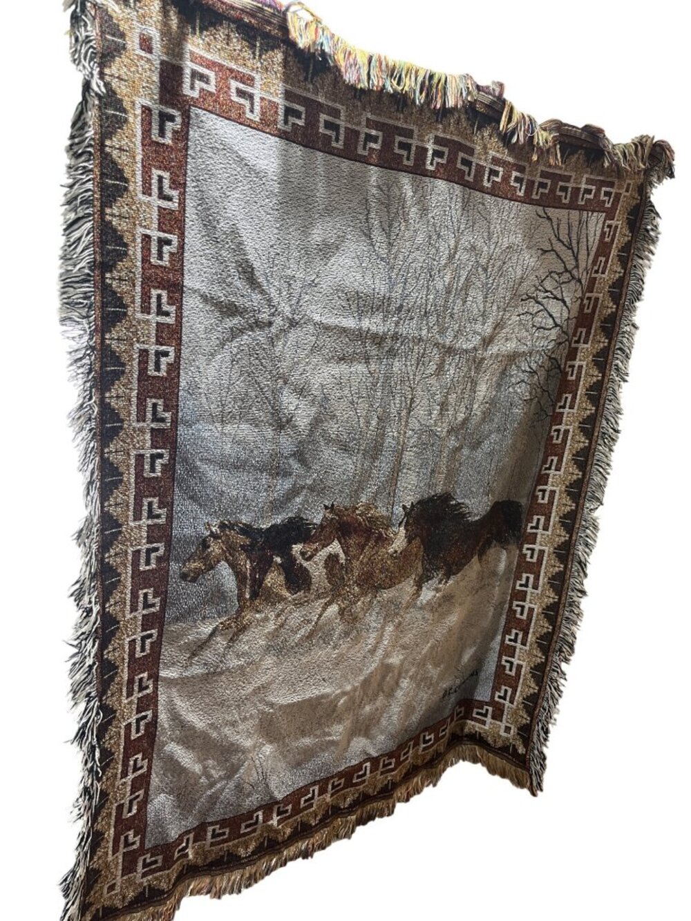 Wild Horses Woven Throw Blanket By C. Cummings 55" x 47" With Multicolor Fringe - Picture 2 of 8